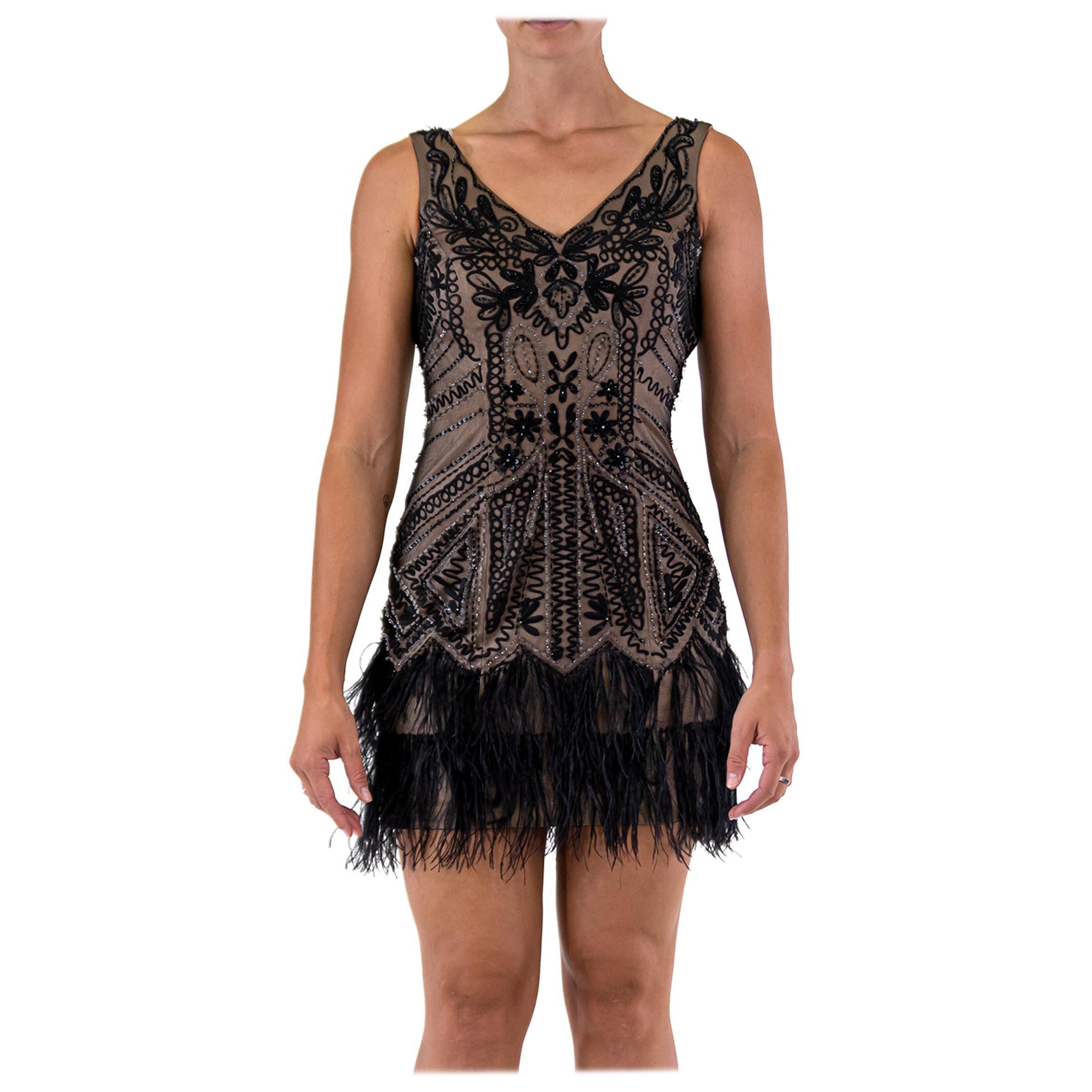 1990S Beaded Nylon Mesh 20'S Style Cocktail Dress With Ostrich Feather Fringe For Sale