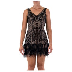1990S Beaded Nylon Mesh 20'S Style Cocktail Dress With Ostrich Feather Fringe