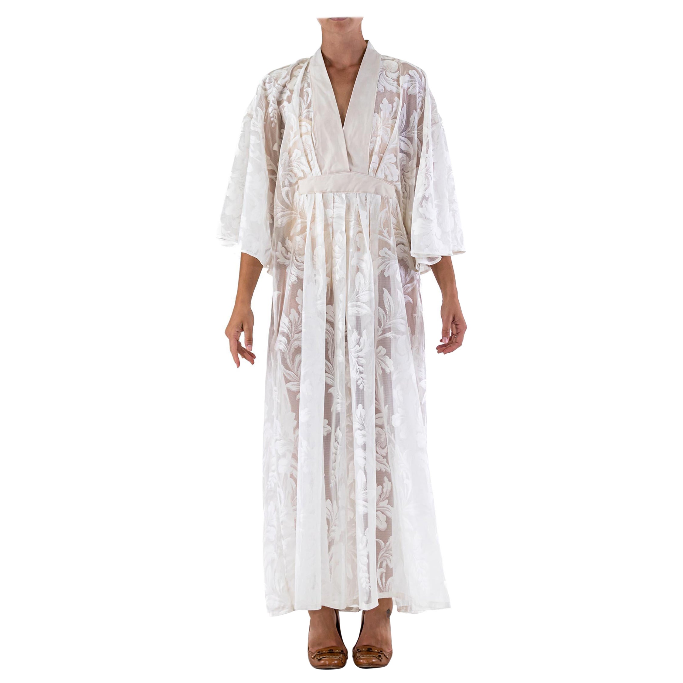 MORPHEW COLLECTION White Poly/Nylon Baroque Leaf Lace Kaftan For Sale