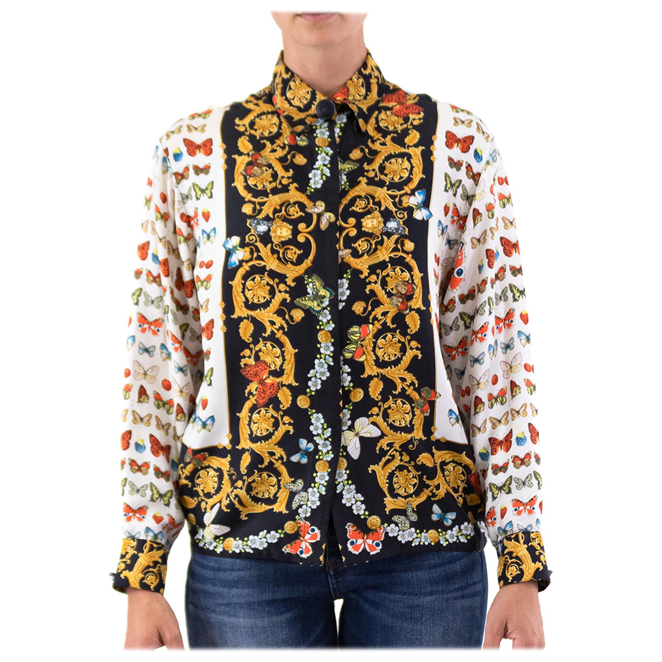 1990S VERSACE Baroque Butterfly Print Blouse