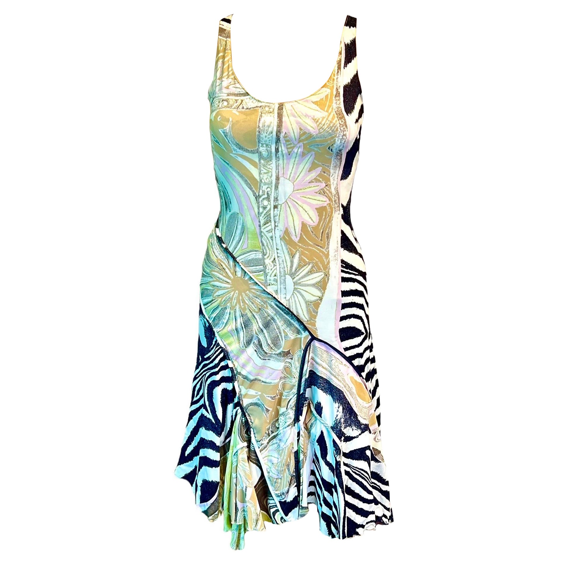 Roberto Cavalli S/S 2004 Floral Abstract Print Asymmetric Dress For Sale