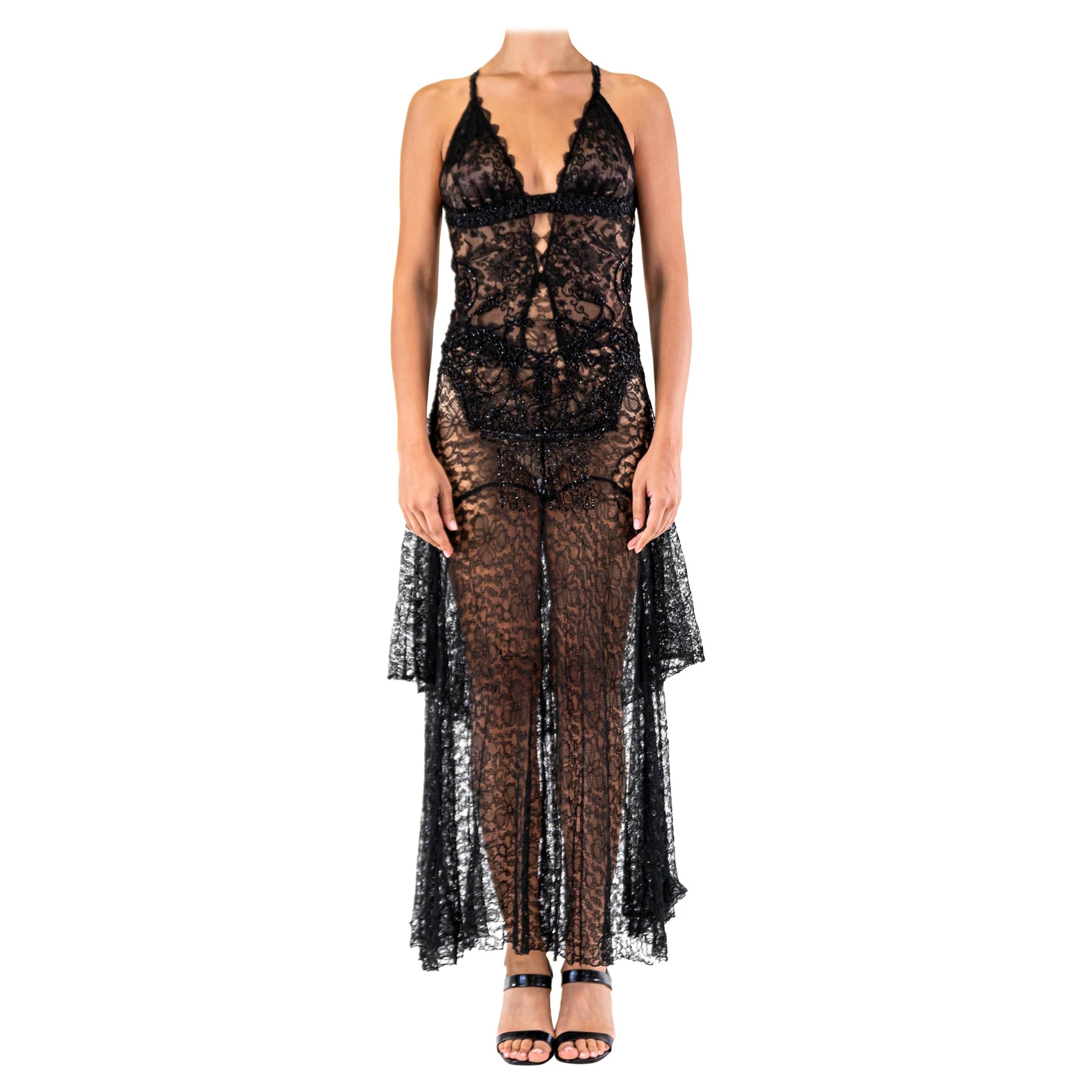 1930S MORPHEW ATELIER Black Silk Lace Gown With Victorian Beadwork For Sale