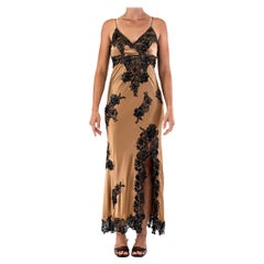 Vintage 1990S Brown Silk Charmeuse Gown With Beaded Lace And High Slit