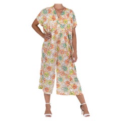 1970S Cream & Orange Polyester Jersey Floral Print Jumpsuit