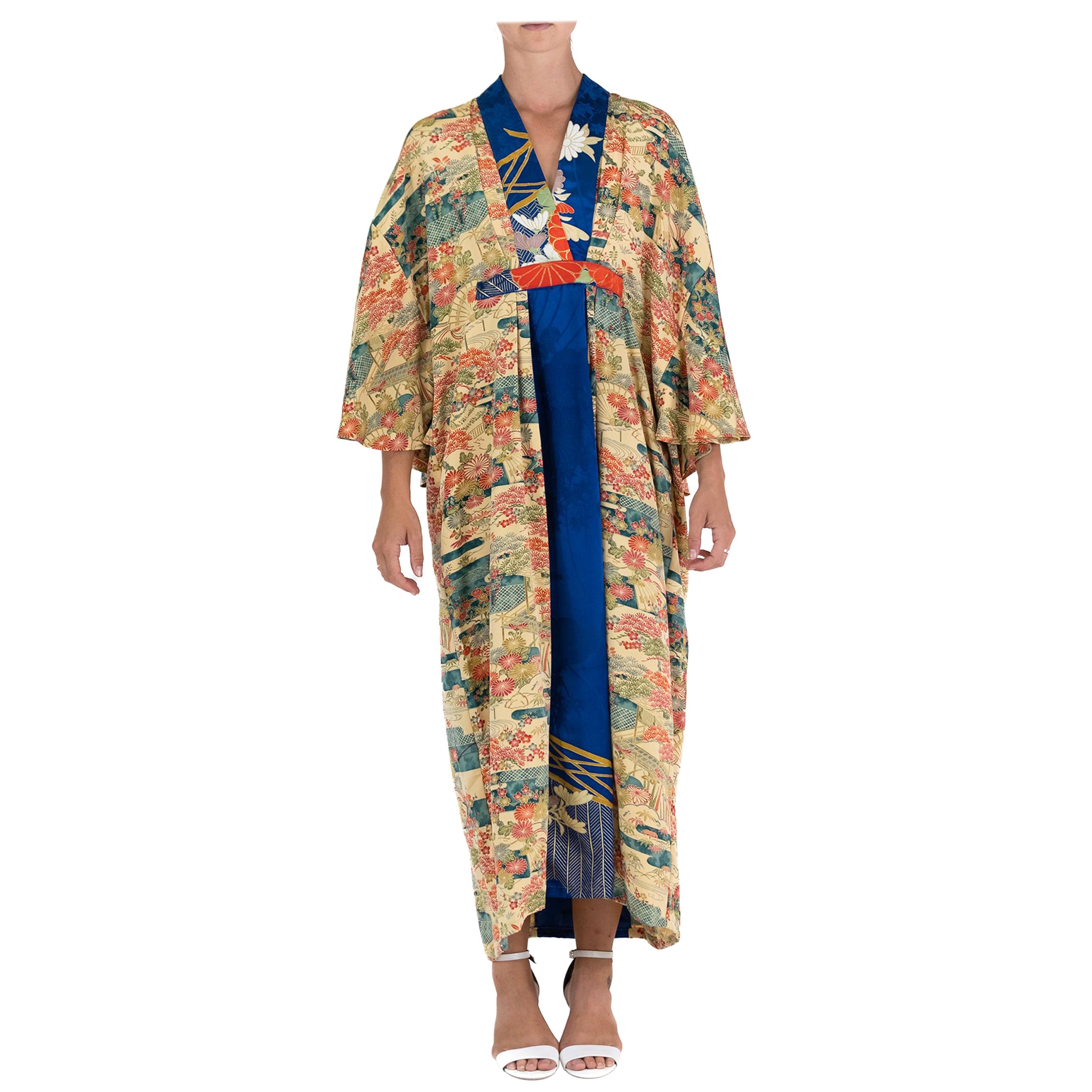 MORPHEW COLLECTION Yellow Blue Japanese Kimono Silk Garden Print Kaftan For Sale