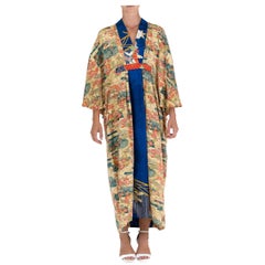 MORPHEW COLLECTION Yellow Blue Japanese Kimono Silk Garden Print Kaftan