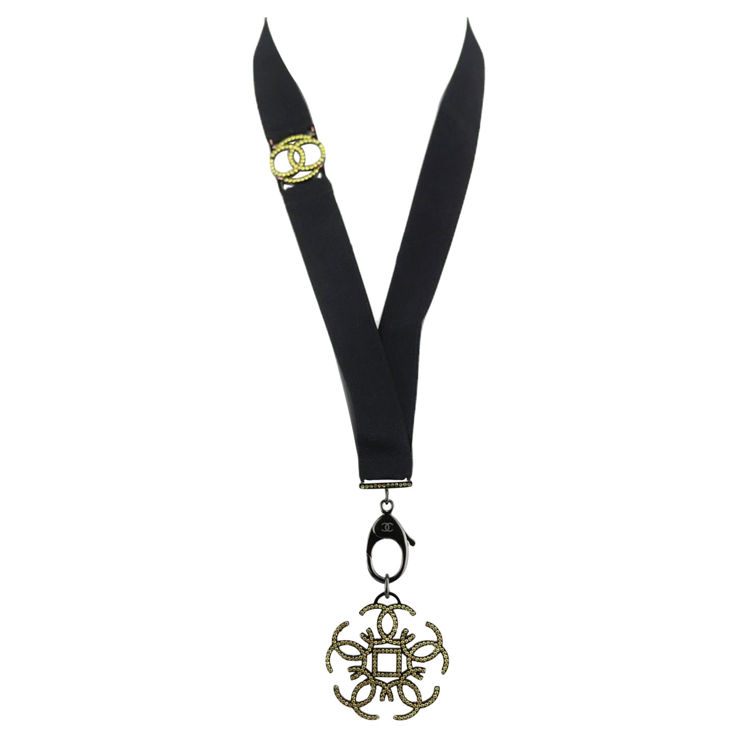 Chanel 2017 Crystal Embellished Medalion Ribbon Necklace For Sale at 1stDibs