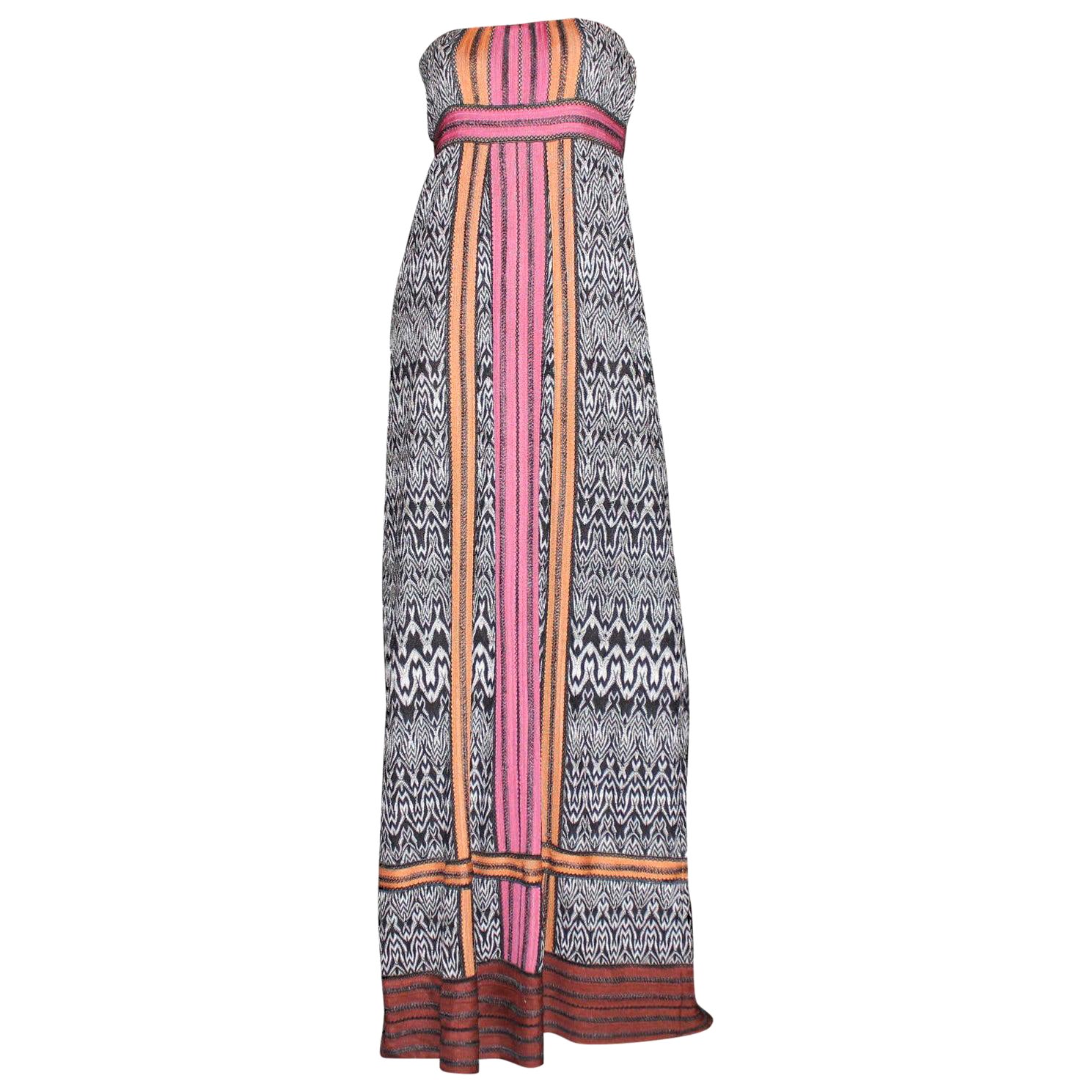 MISSONI Monochrome Crochet Knit Maxi Dress Gown Colorblock Trimming 42 For Sale