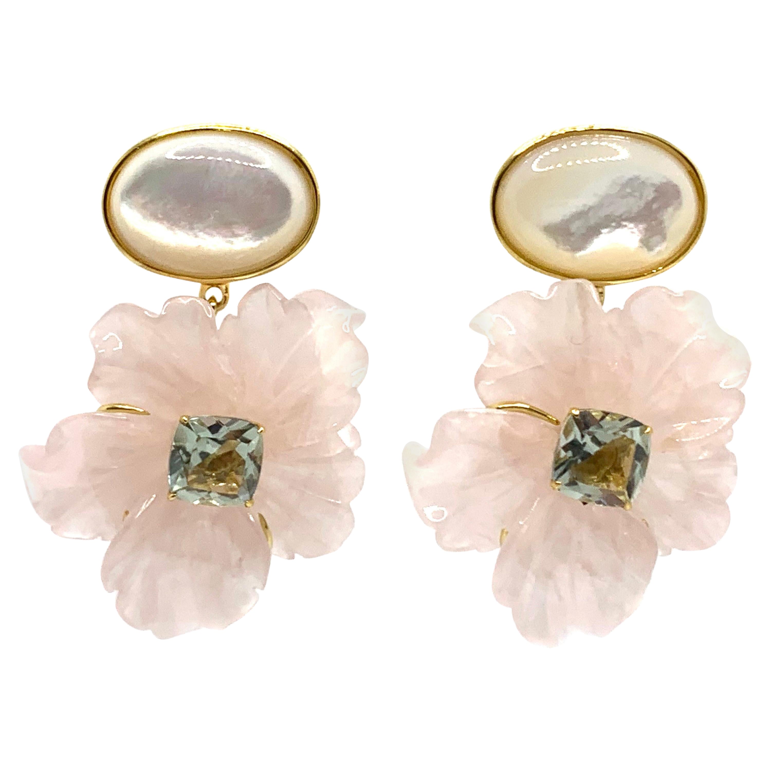 Stunning Cabochon Mother of Pearl and Carved Rose Quartz Flower Drop Earrings For Sale