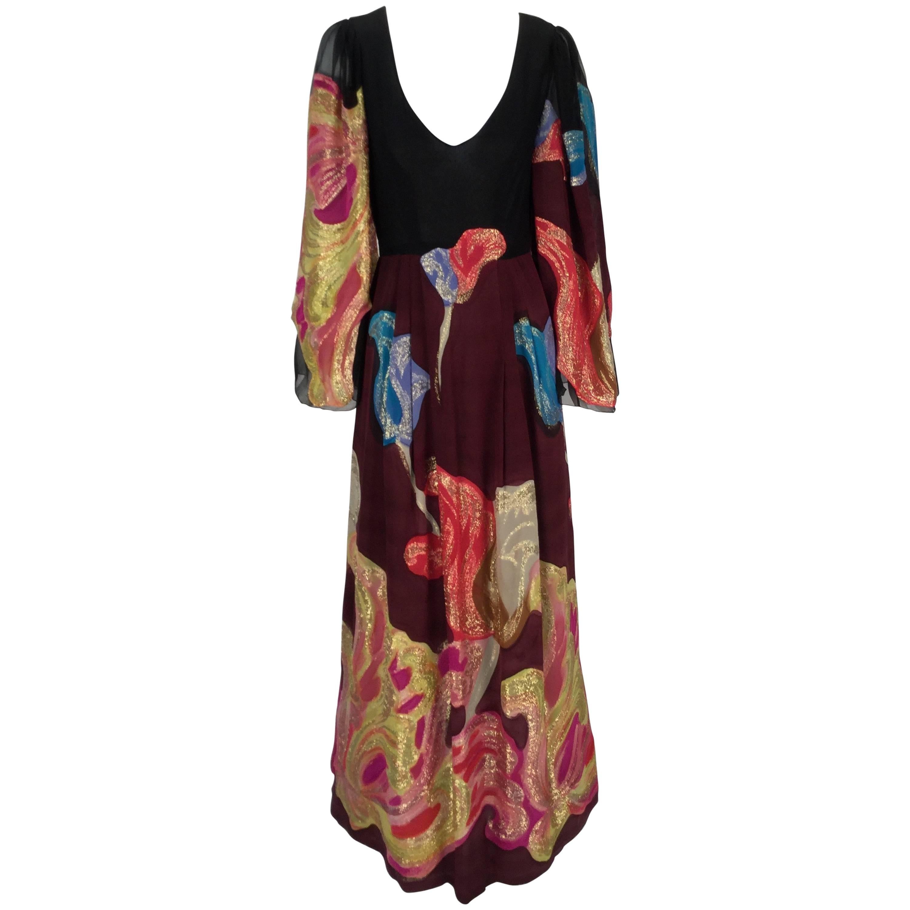 Pauline Trigere Silk Multicolored Metallic Evening Dress, 1970s  For Sale