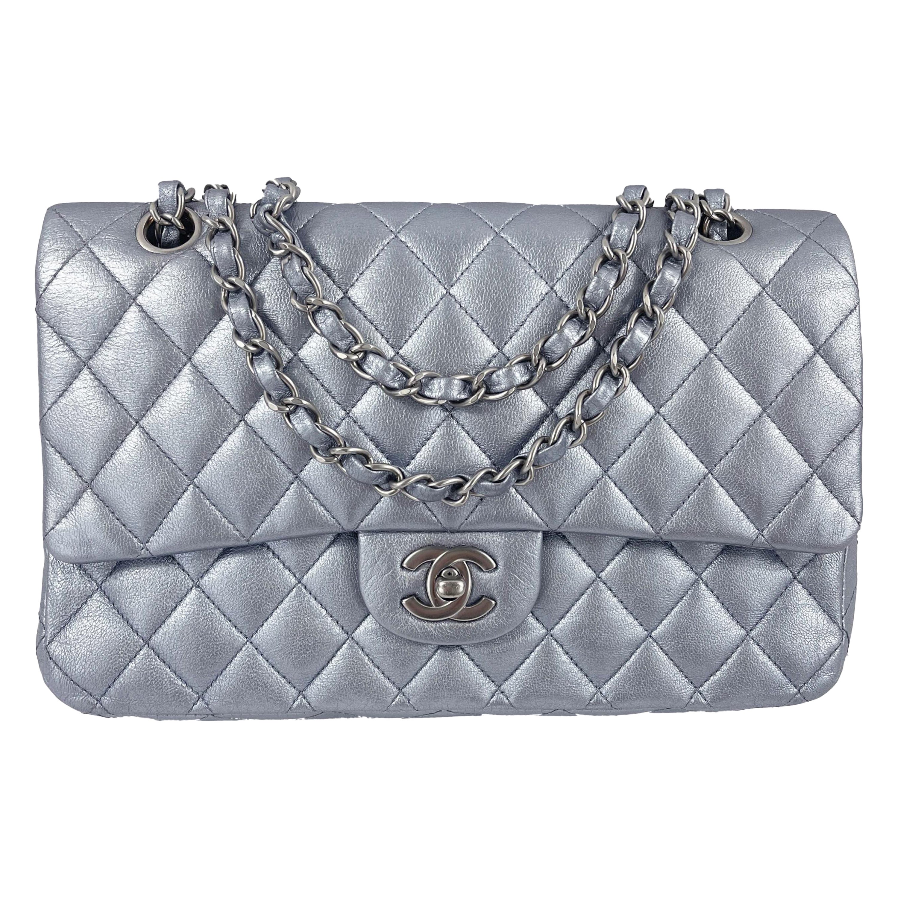 CHANEL - Classic Double Flap Metallic Silver CC Medium Leather Shoulder Bag