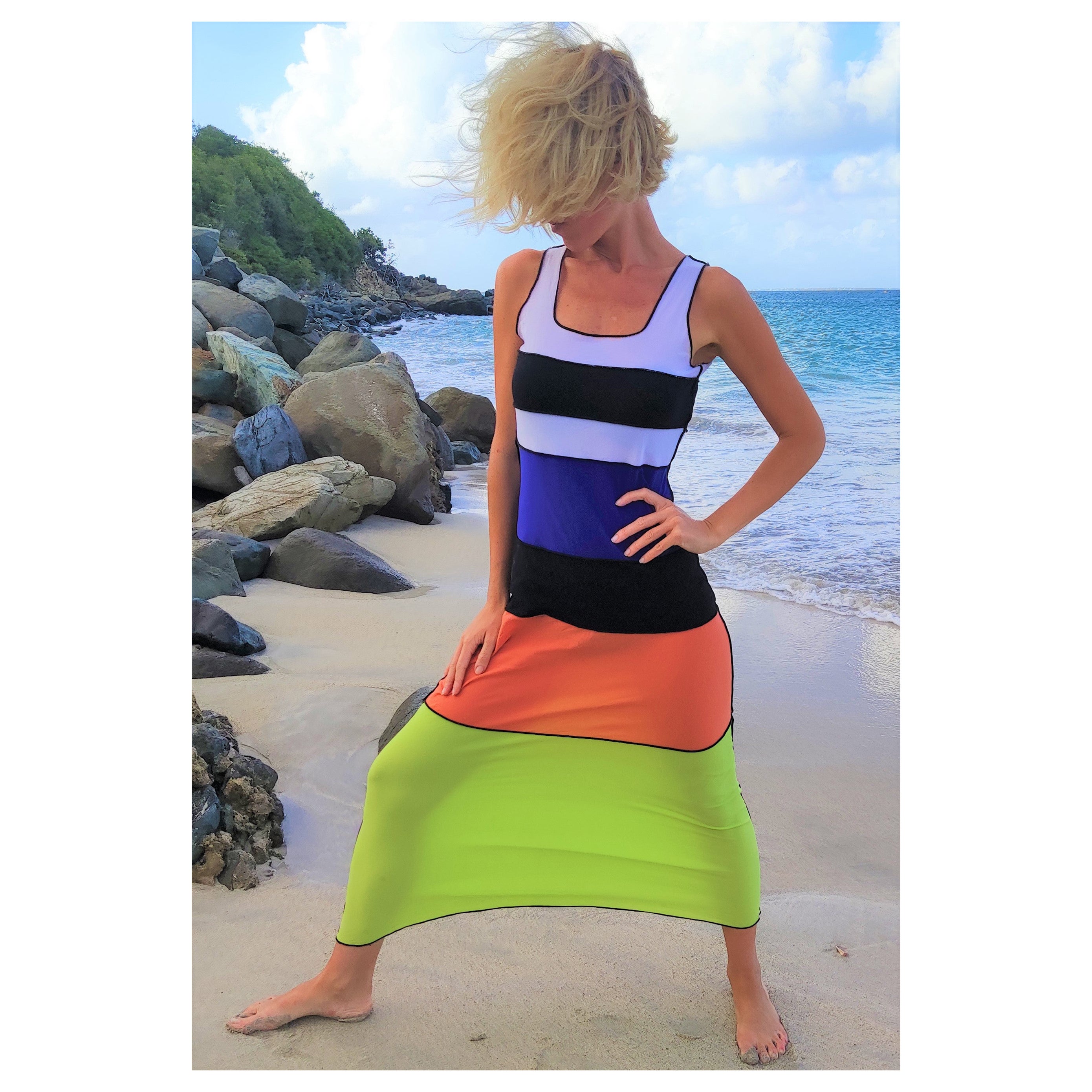 Jean Paul Gaultier Color Block Striped Rainbow Vintage Body Tattoo Maxi Dress For Sale