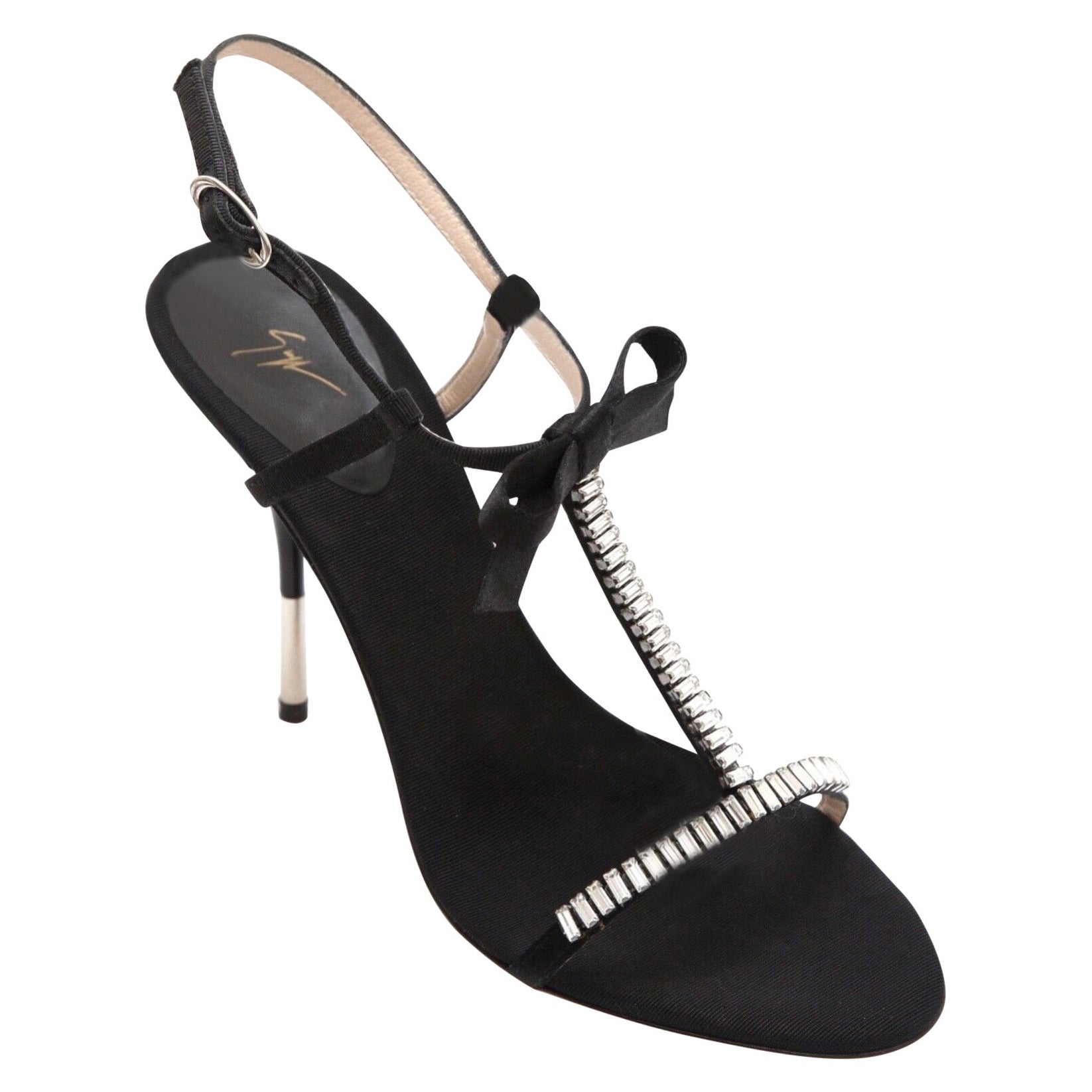 GIUSEPPE ZANOTTI Black Sandal Satin Leather Crystal T-Strap Bow Ankle Sz 37.5