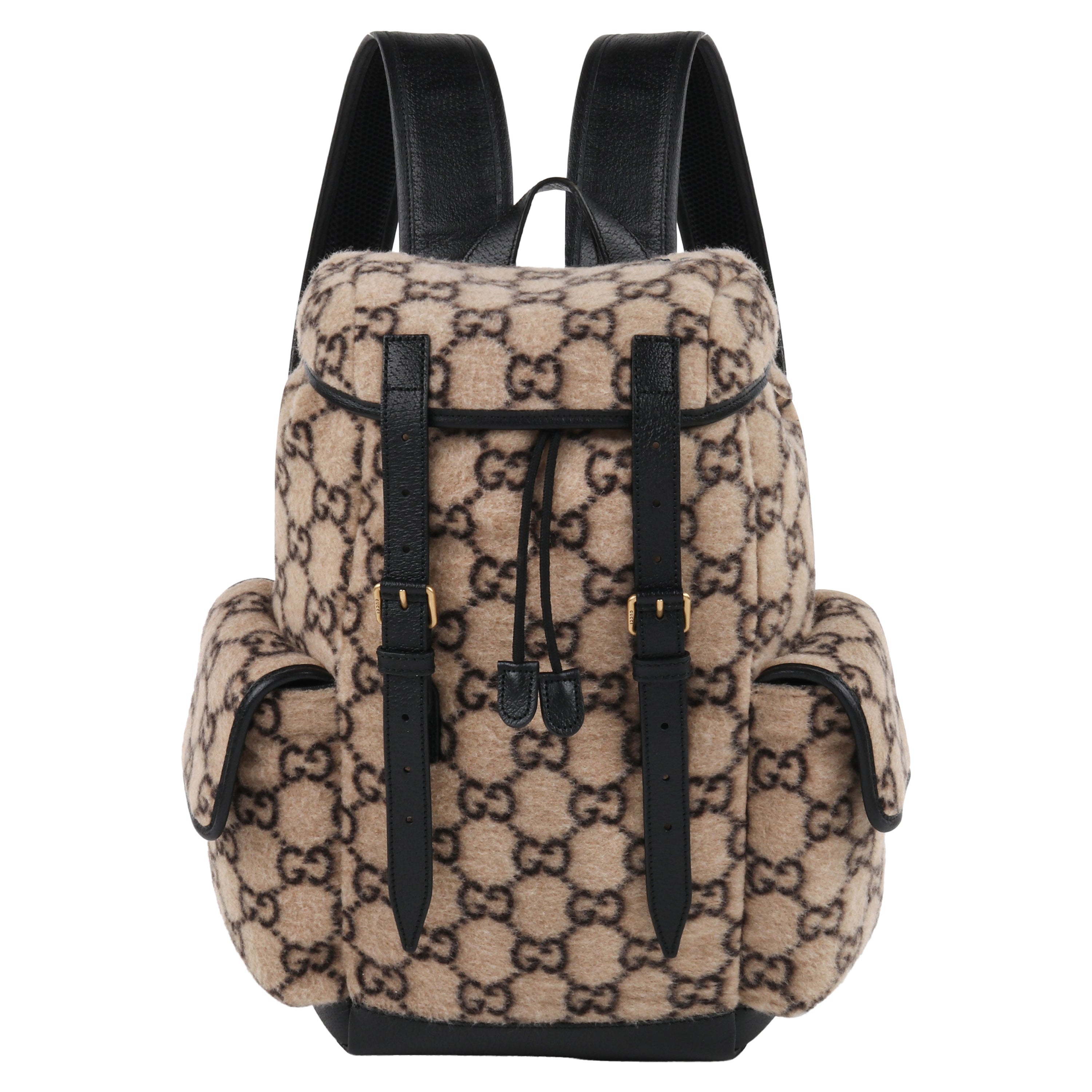 GUCCI 2019 Black Beige Monogram Jacquard Wool Drawstring Buckle Backpack NWT