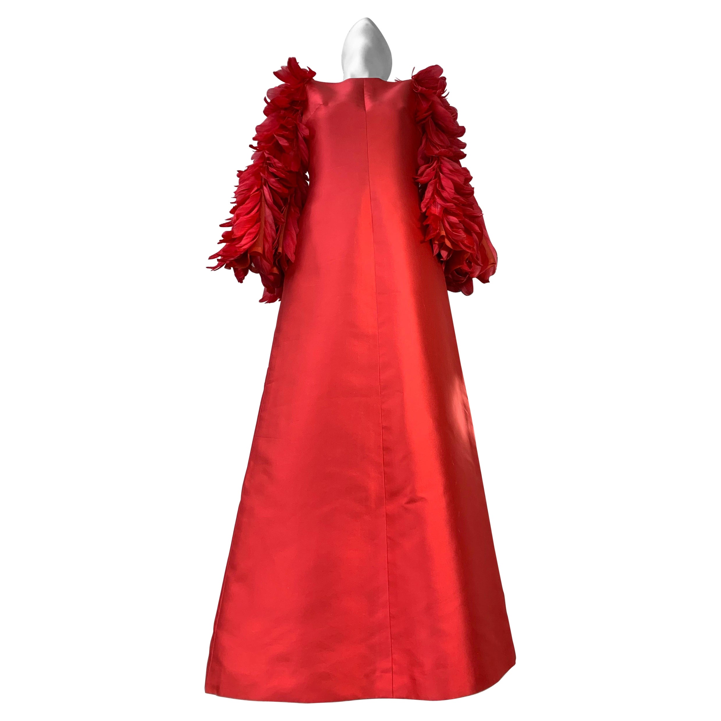 1960 Joui Schiesser Haute Couture Red Silk Gazar Gown w Feathered Bell Sleeves For Sale