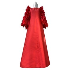 1960 Joui Schiesser Haute Couture Red Silk Gazar Gown w Feathered Bell Sleeves
