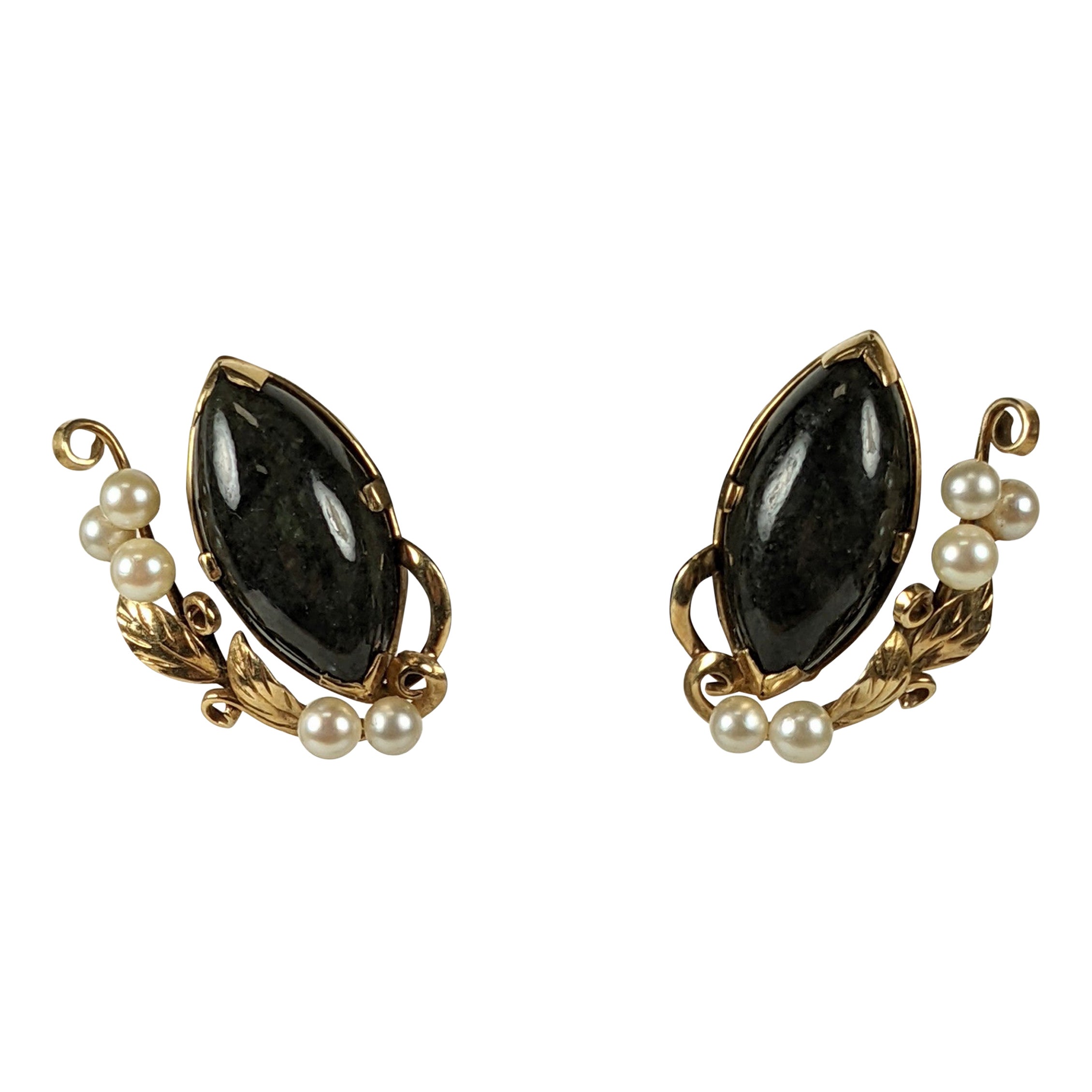Ming's Black Jade and Cultured Pearl Leaf Earrings For Sale