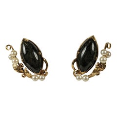 Vintage Ming's Black Jade and Cultured Pearl Leaf Earrings