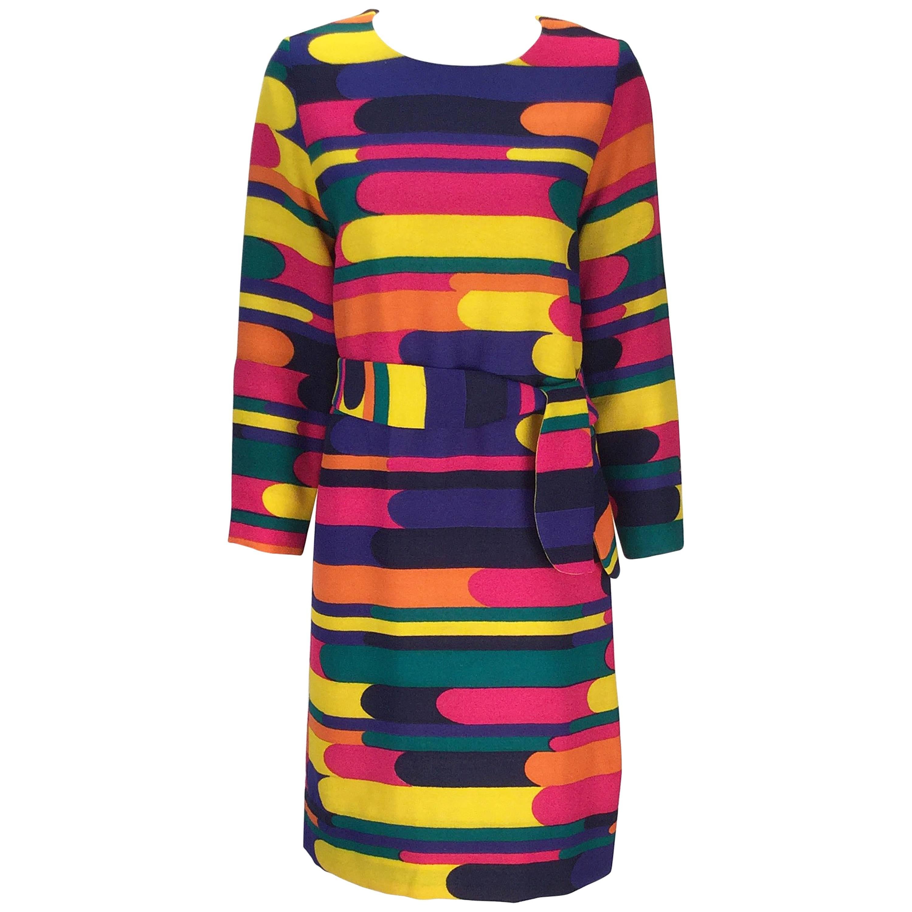 Late 60s Bill Blass Multicolored Woven Wool Long Sleeve Mini Dress For Sale
