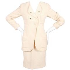 Vintage Chanel 94P Cream Wool Tweed 'CC' Button Skirt Suit SZ 36