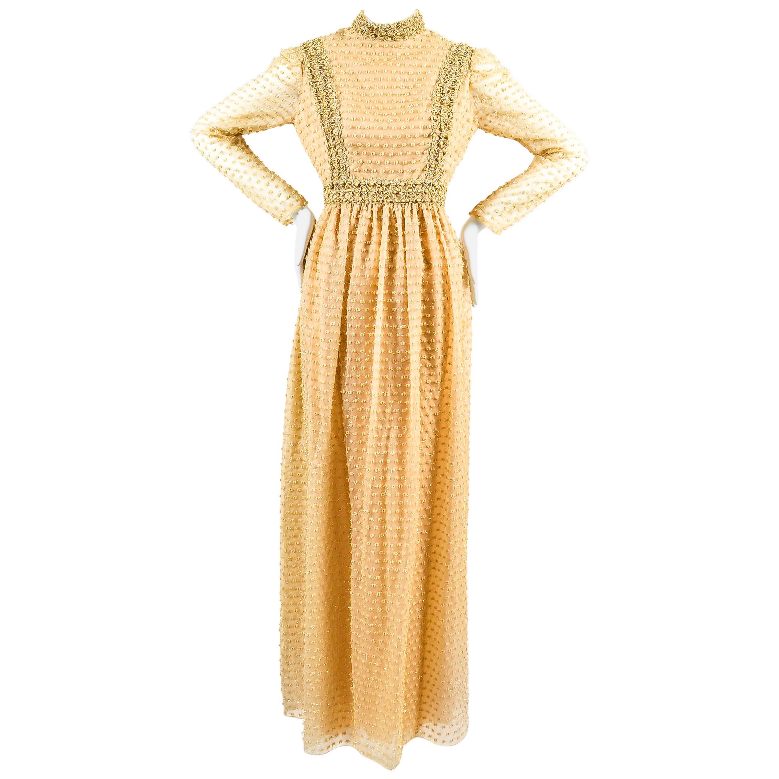 Vintage Oscar de la Renta Boutique Beige & Metallic Gold Crepe Embellished Gown For Sale