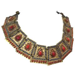 1930s Indian Hand-Crafted Collar w Coral and Periwinkle Glass Details 9