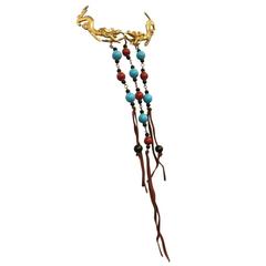 1970s Alexis Kirk Dragon Collar Necklace w Bead Fringe in Red and Blue 3