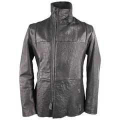 EMPORIO ARMANI 44 Black Wrinkle Textured Lamb Leather Asymmetrical Zip Jacket