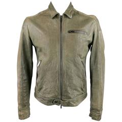 EMPORIO ARMANI Men's 42 Distressed Green Lamb Leather Collared Moto Jacket