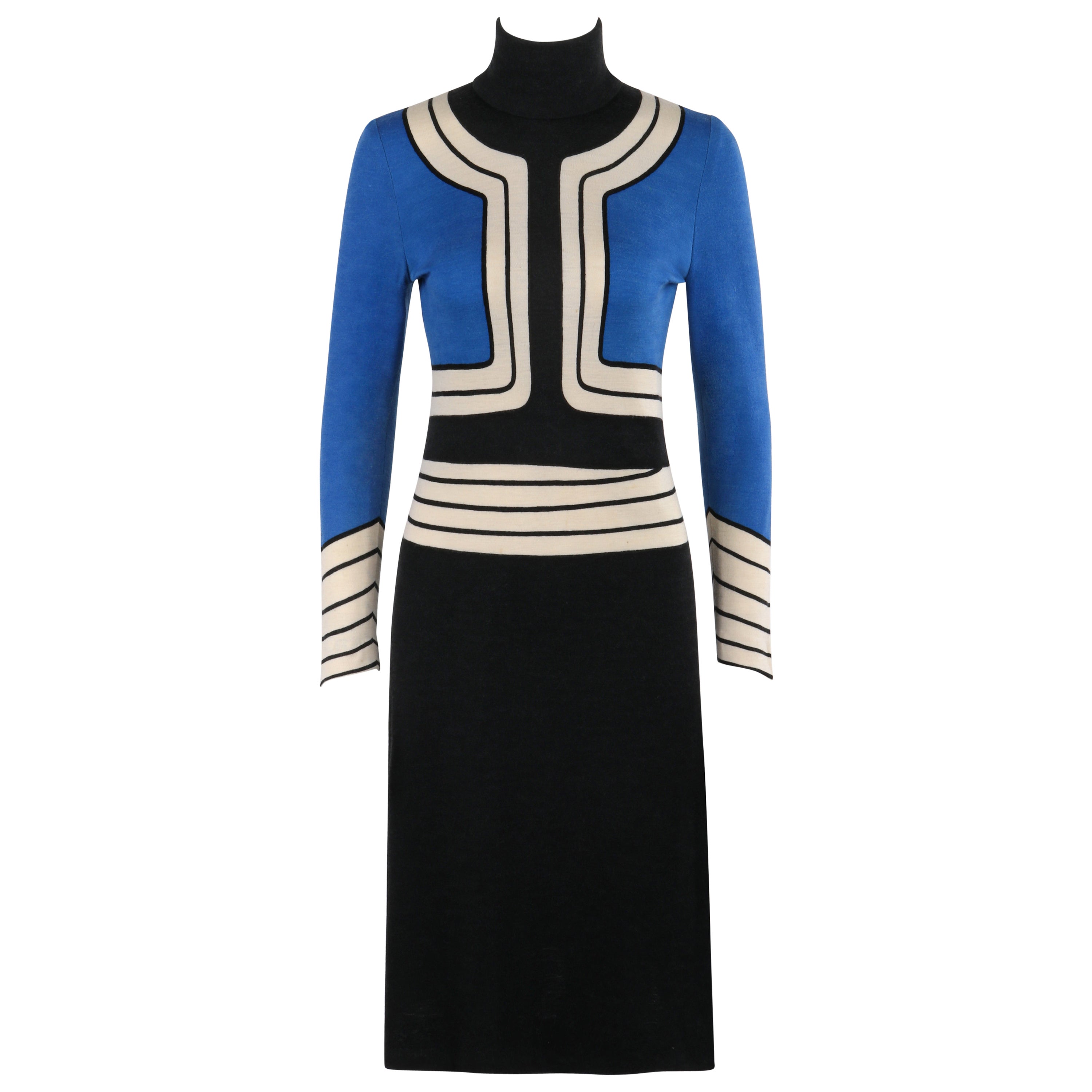 ROBERTA DI CAMERINO c.1960s Blue Black Stretch Knit Geometric Turtleneck Dress For Sale