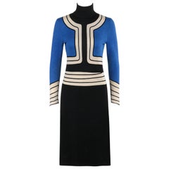 ROBERTA DI CAMERINO c.1960s Blue Black Stretch Knit Geometric Turtleneck Dress