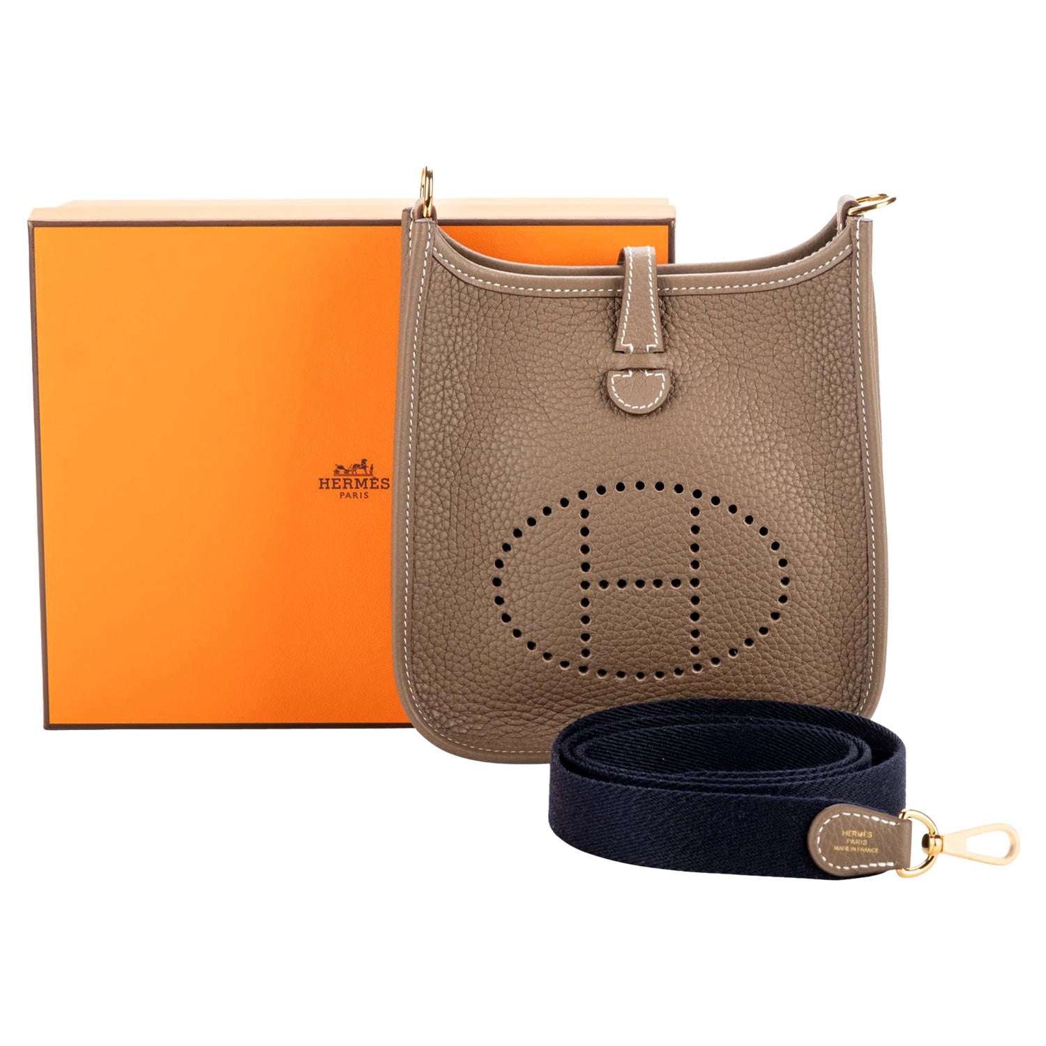 NEW Hermès Etoupe and Blue Mini Evelyne Bag at 1stDibs
