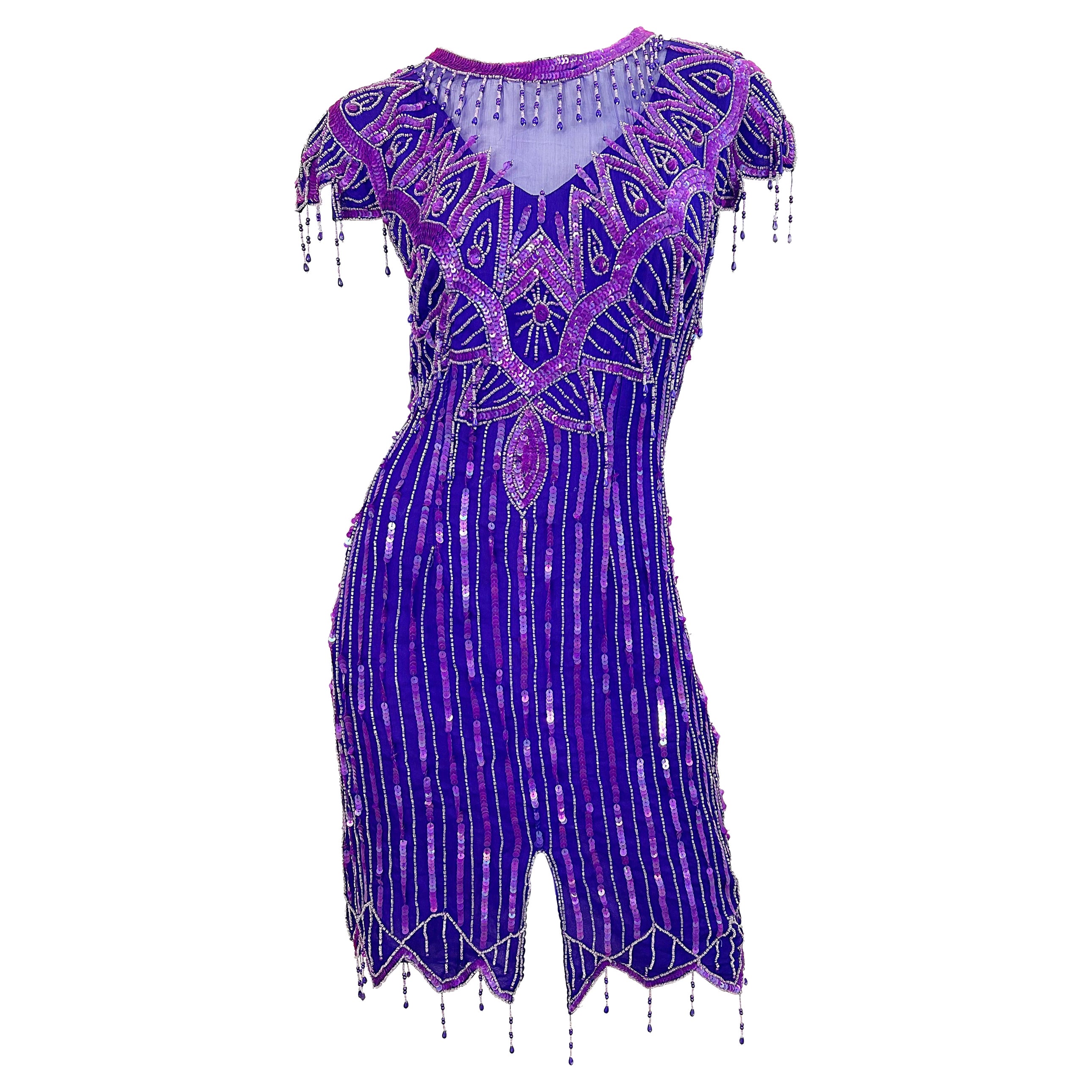 1980s Purple Silk Beaded Sequin Large Size Flapper Style Vintage 80s Dress