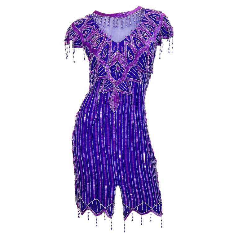 1980s Purple Silk Beaded Sequin Large Size Flapper Style Vintage