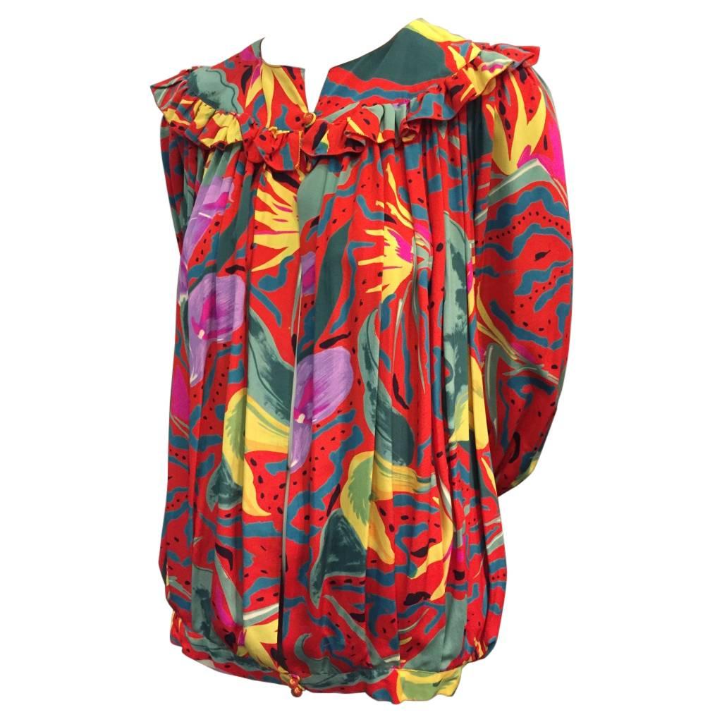 1980s Ungaro Tropical Palm Print Silk Blouse or Jacket w Ruffled Yolk