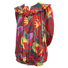 1980s Ungaro Tropical Palm Print Silk Blouse or Jacket w Ruffled Yolk