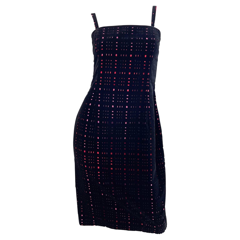 1990s James Purcell Size 10 / 12 Black Velvet Cut Out Red Taffeta Plaid Dress For Sale