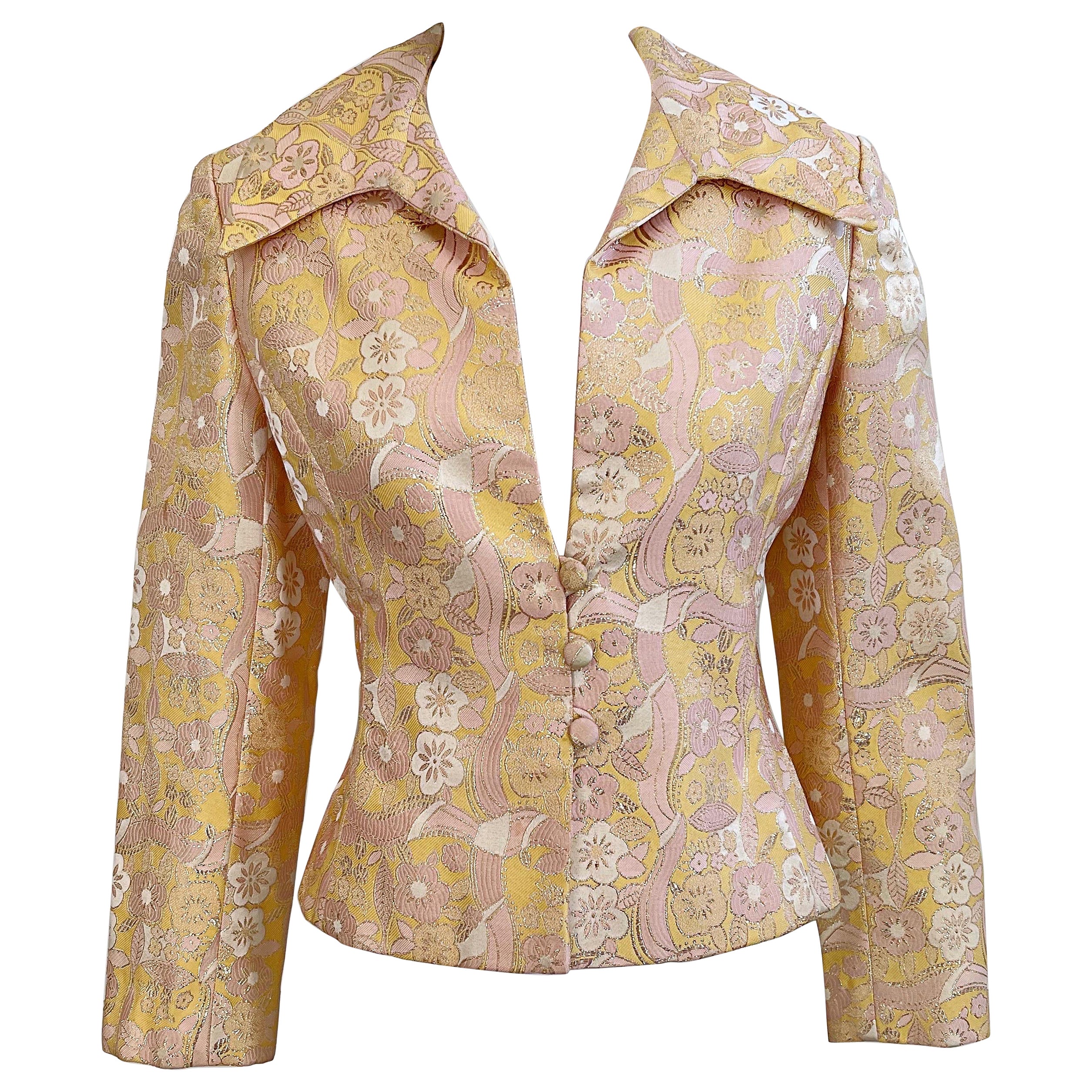 1970s Mollie Parnis Pink + Peach + Gold Silk Brocade Vintage 70s Shirt Jacket  For Sale