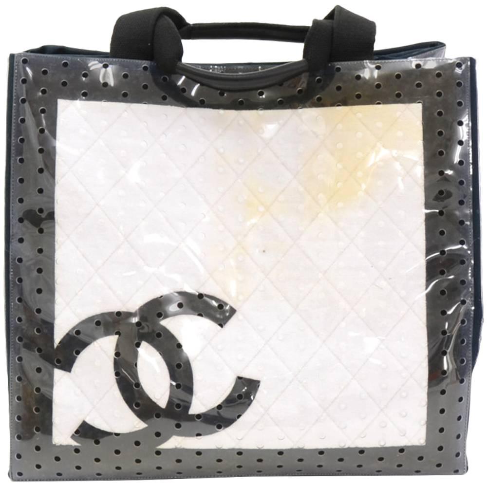 Chanel XL White x Black Cotton x Vinyl Tote Hand Bag For Sale