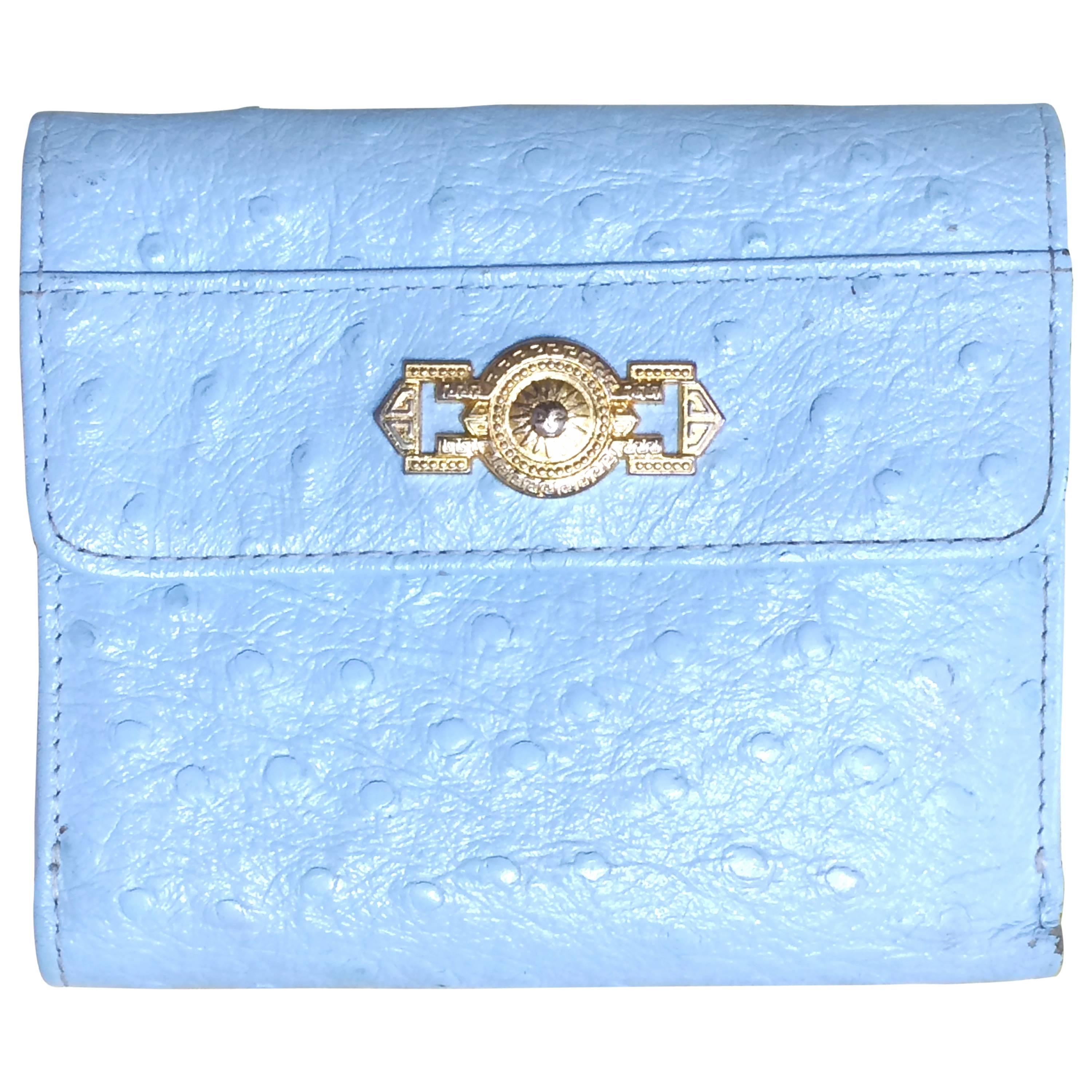 Vintage Gianni Versace ostrich-embossed light blue leather wallet with sunburst For Sale
