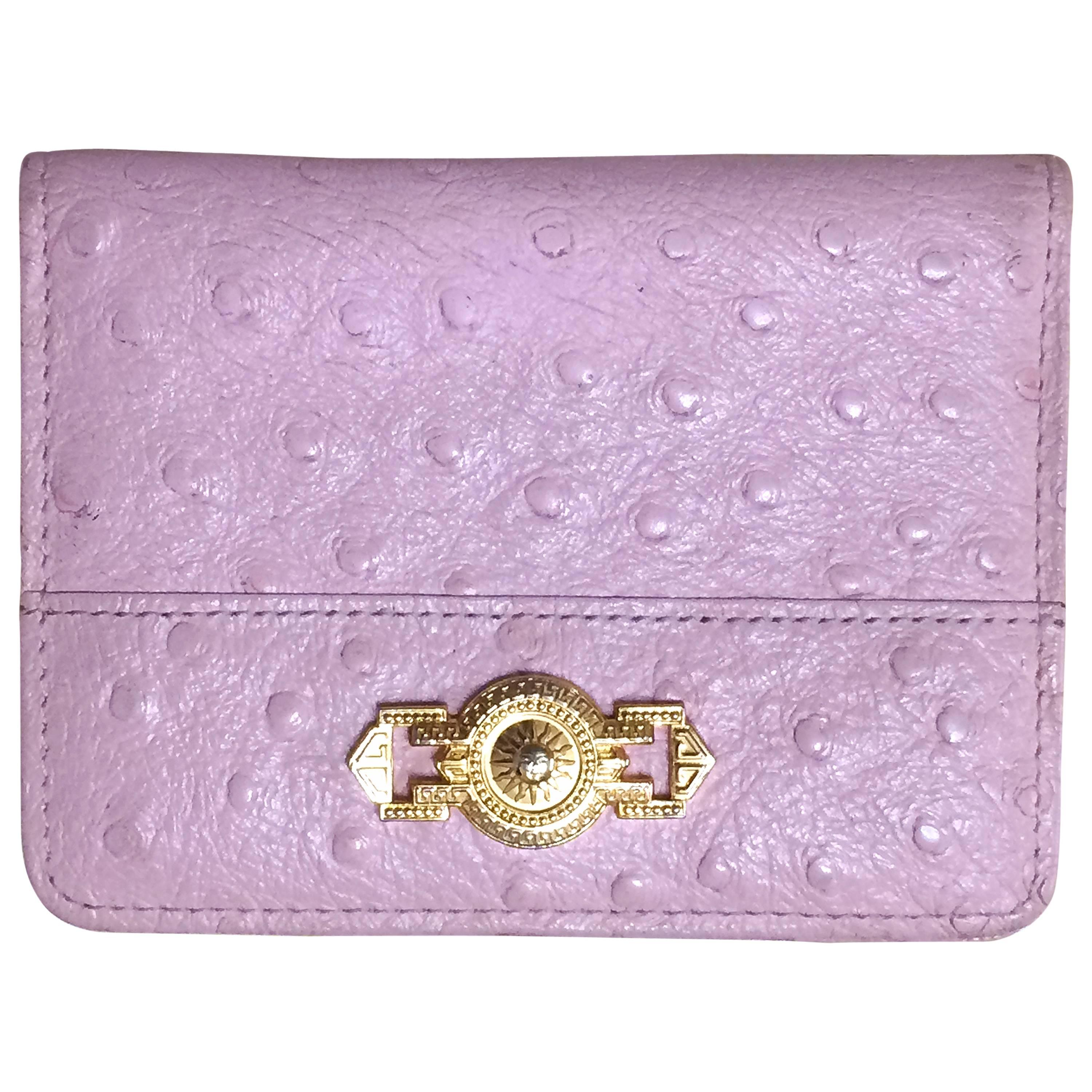 Vintage Gianni Versace ostrich-embossed pink leather card, id case, card case