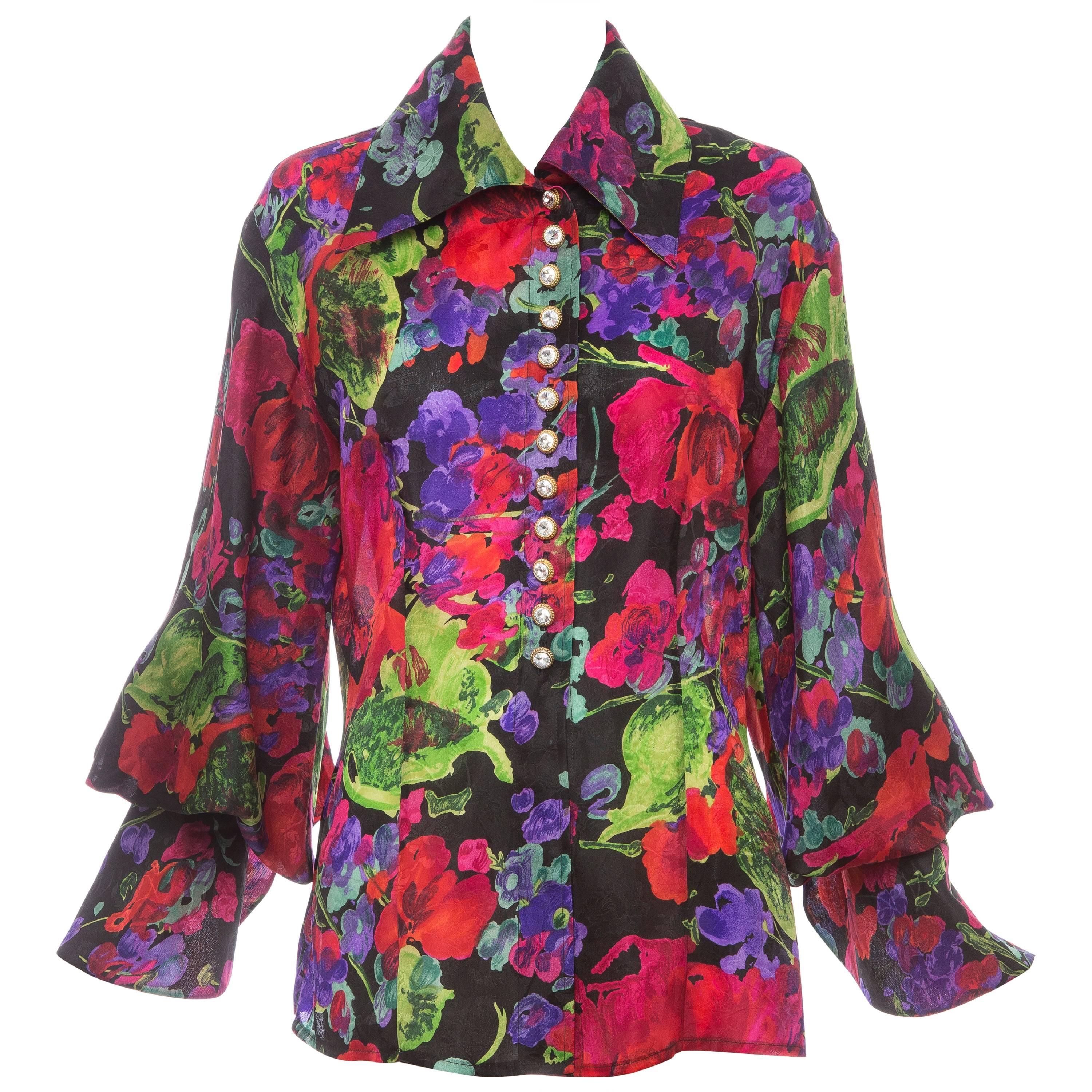 Naeem Khan Riazee Silk Faille Floral Blouse, Circa 1980s For Sale