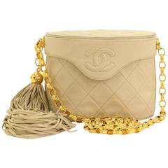 Vintage Chanel Beige Quilted Leather Fringe Shoulder Pochette Flap Bag