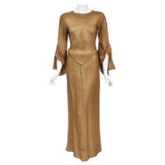 Vintage 1930s Debenham & Freebody Couture Metallic Gold Lamé Winged Sleeve Gown 
