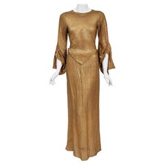 Archival 1930s Debenham & Freebody Couture Metallic Gold Lamé Winged Sleeve Gown