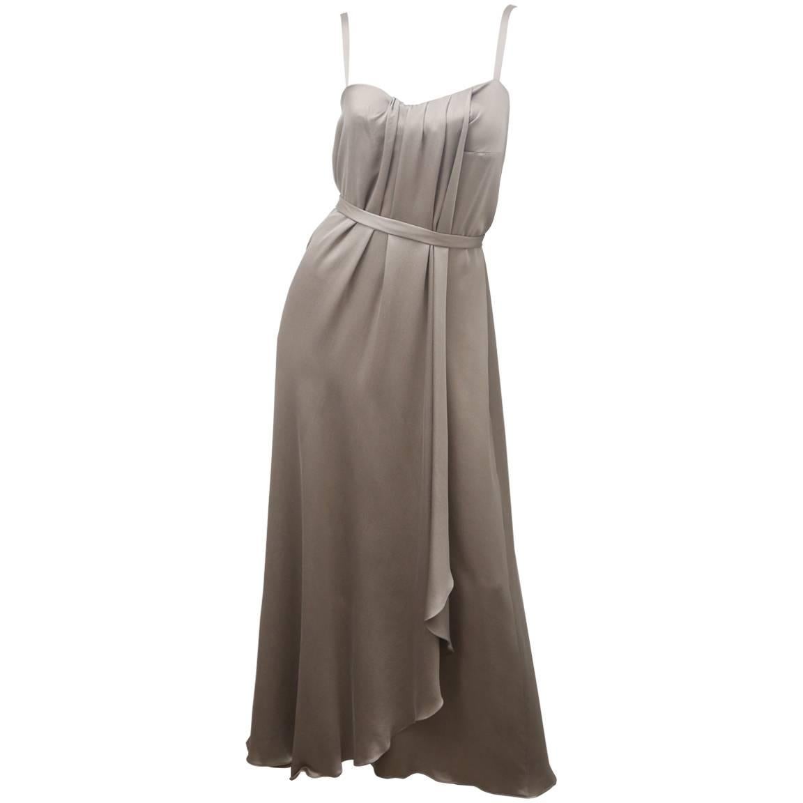 Max Mara S/L Taupe Gown W/ Front Pleat & Belt-Tie 