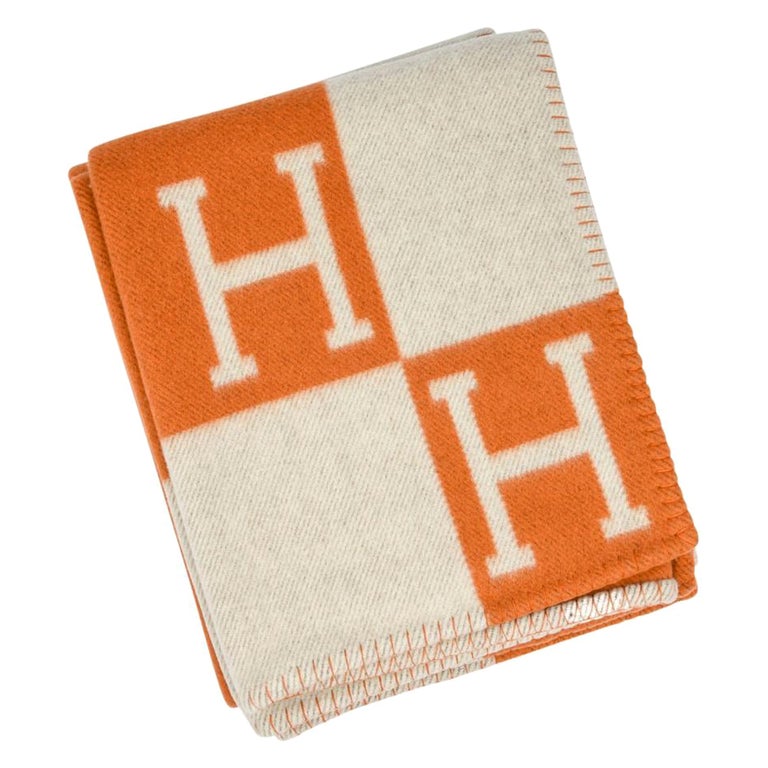 Hermes Avalon Ecru and Pumpkin Signature H Blanket