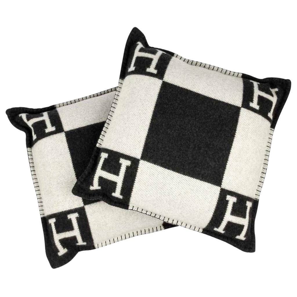 Hermes Cushion Avalon I PM H Ecru and Gris Fonce Throw Pillow Set of Two