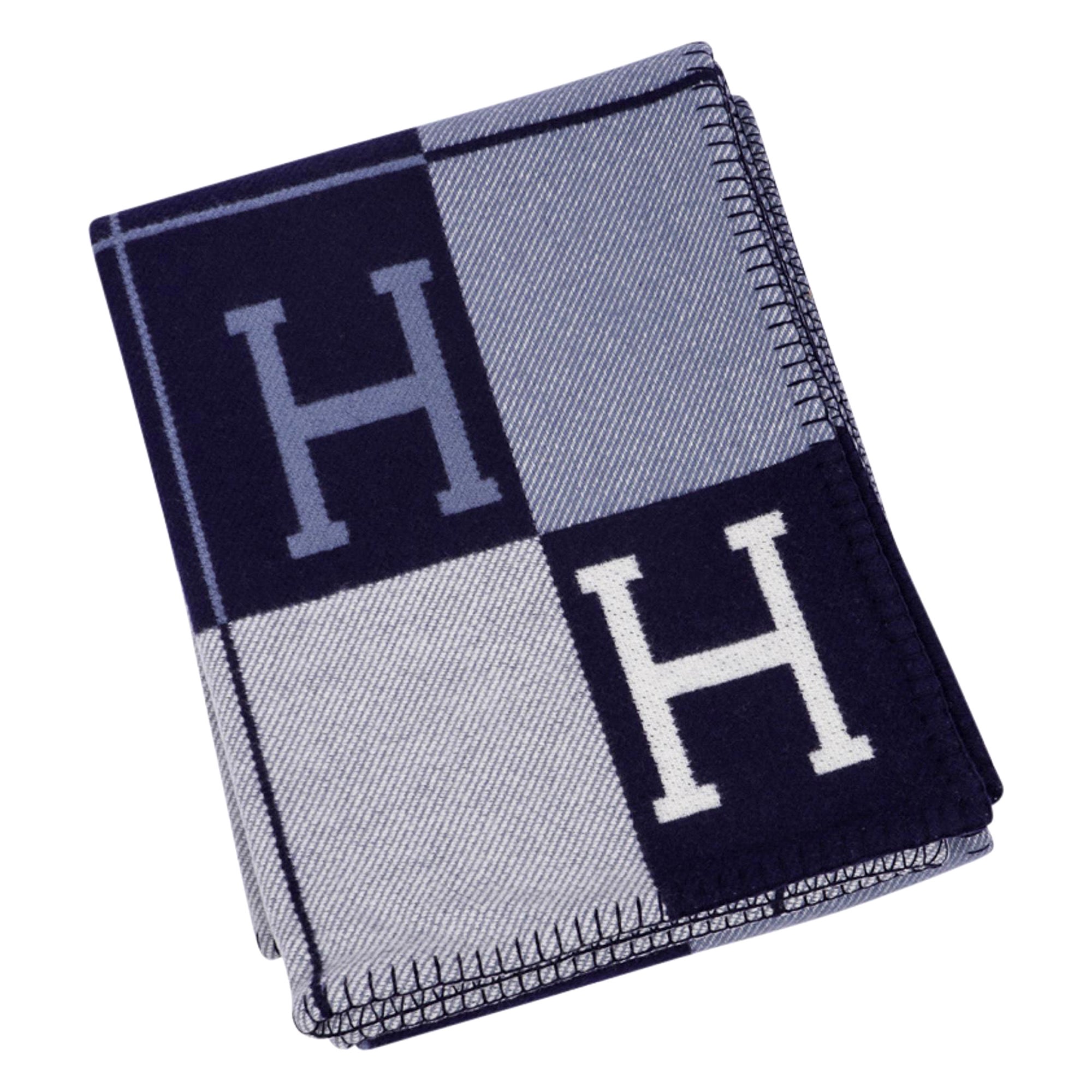 Hermes Blanket Avalon III Signature H Blue Caban / Ecru Throw New 