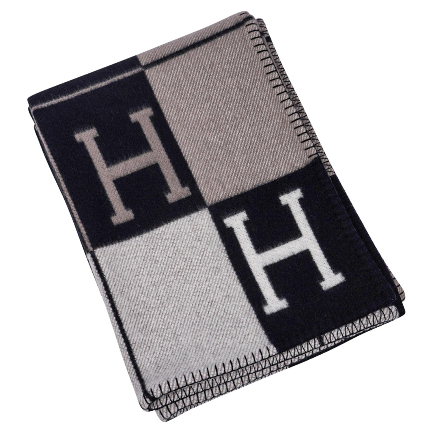 Hermes Blanket Avalon I Signature H Blue Caban / Ecru Throw New w/Box at  1stDibs